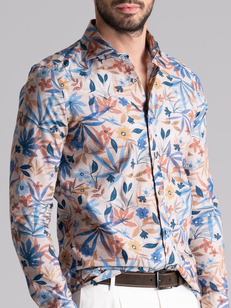 Camicia uomo fantasia foglie e fiori collo semi francese