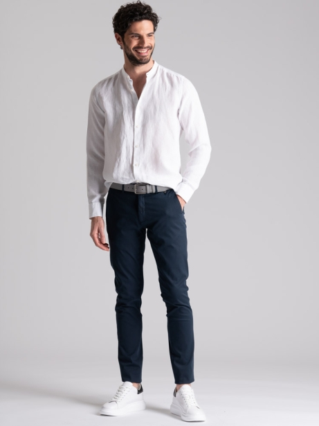 Camicia uomo bianca di lino con collo alla coreana 2