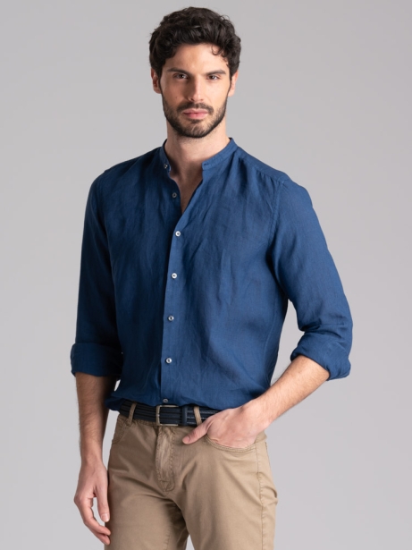 Camicia uomo blu di lino con collo alla coreana