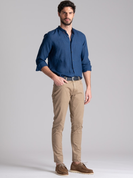 Camicia uomo blu di lino con collo alla coreana 2