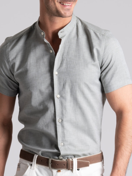 Camicia uomo misto lino verde mezza manica collo coreano 2