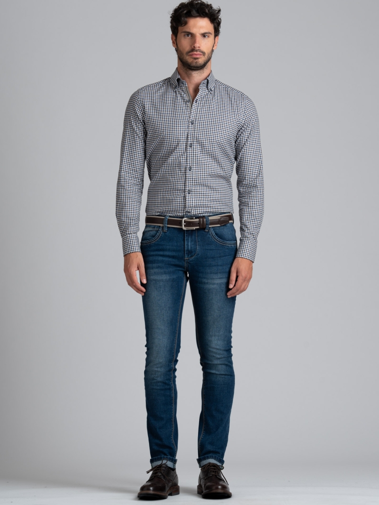 Camicia uomo fantasia quadretto blu e marrone