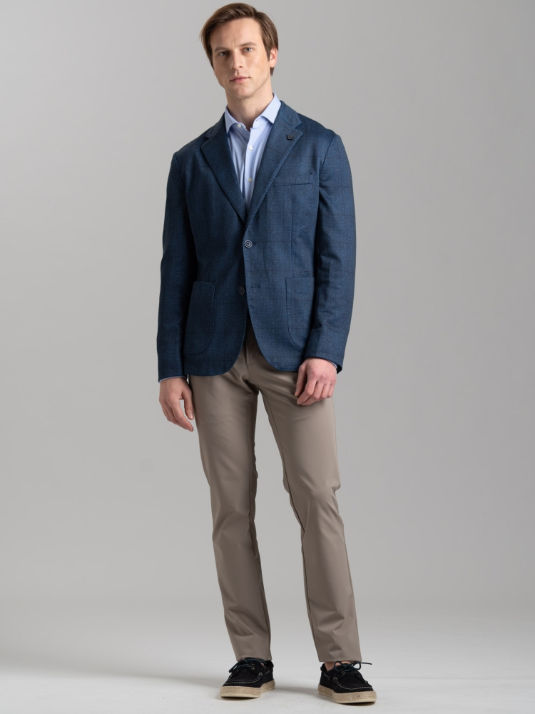 Giacca uomo blu sfoderata in jersey Principe di Galles