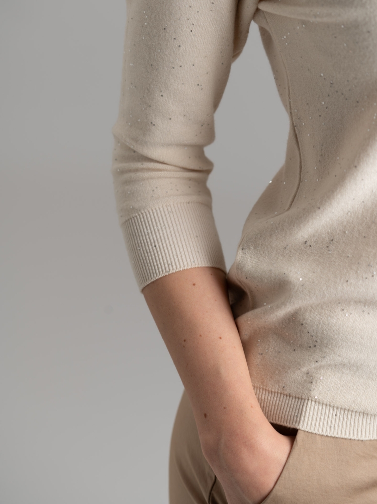 Maglia donna girocollo manica 3/4 con micro paillettes